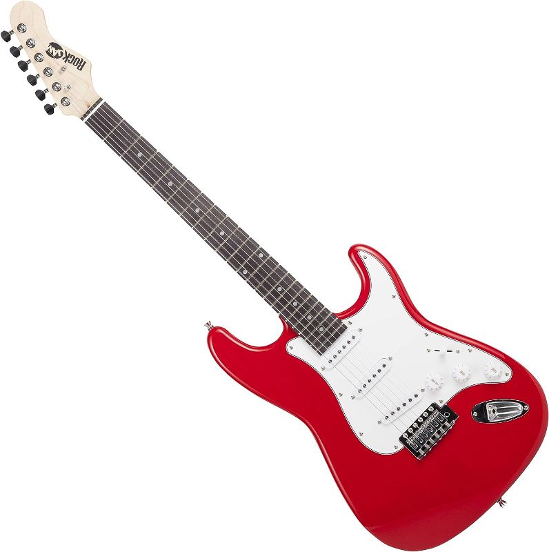 Photo 1 of RockJam Electric Guitar Superkit with 10-watt Amp, Gig Bag, Picks & Online Lessons 6 String Pack, Right, Red, Full 
