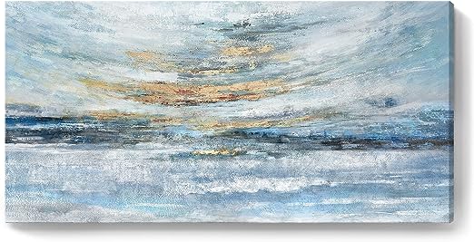 Photo 1 of Abstract Wall Art for Living Room Large Framed Light Blue Canvas Print Coastal Theme Artwork Modern Ocean Skyline and Sunset & Sunrise in the Seaside Painting for Home Bedroom Décor 48x24inch
