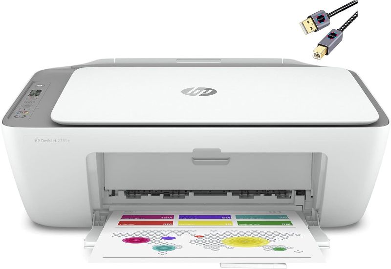 Photo 1 of HP DeskJet 2755e Series Inkjet All-in-One Color Printer I Print Copy Scan I Wireless & Mobile Printing I Wireless & USB Connectivity I Up to 5.5 ppm I Up to 4800 x 1200 dpi + Printer Cable
