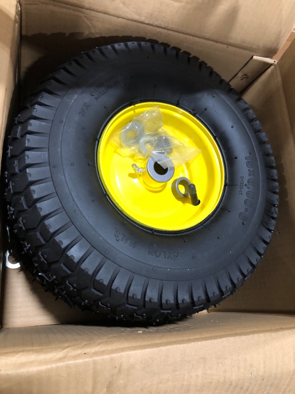 Photo 2 of (2 Pack) AR-PRO Exact Replacement 15" x 6.00 - 6" Front Tire and Wheel Assemblies for John Deere Riding Mowers - Compatible with John Deere 100 and D100 Series - 3” Hub Offset and 3/4” Bushings 15" x 6.00-6" Yellow