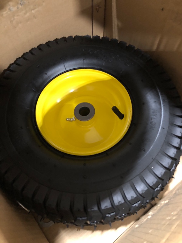 Photo 3 of (2 Pack) AR-PRO Exact Replacement 15" x 6.00 - 6" Front Tire and Wheel Assemblies for John Deere Riding Mowers - Compatible with John Deere 100 and D100 Series - 3” Hub Offset and 3/4” Bushings 15" x 6.00-6" Yellow