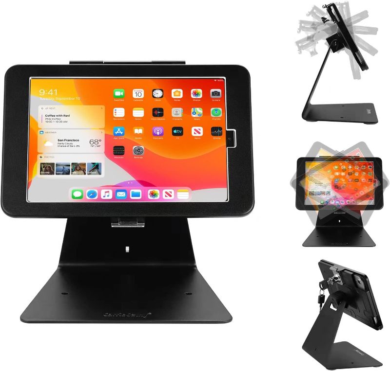 Photo 1 of CarrieCathy iPad Desktop Anti-Theft Security Kiosk POS Stand Holder Enclosure with Lock and Key for iPad Mini 1-5, Flip and Rotate Design, Black