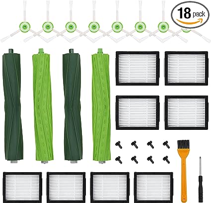 Photo 1 of 18 Pack Replacement Parts for iRobot Roomba E/i/j Series, E5 E6 E7 i2 i3 i3+i4 i4+ i6 i6+ i7 i7+ i8 i8+/Plus, 2 sets of multi-surface rubber roller brush 8 filters 8 side brushes