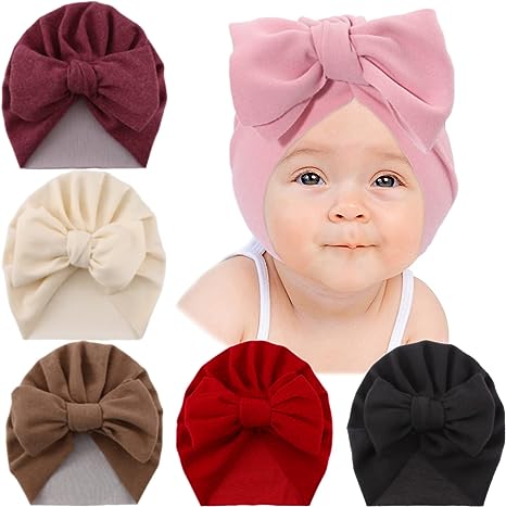 Photo 1 of 6 PCS Baby Turban Hats Newborn Baby Girl Beanie Hat with Oversized Bow,Big Hair Bow Knotted Head Wrap for Infants Toddlers