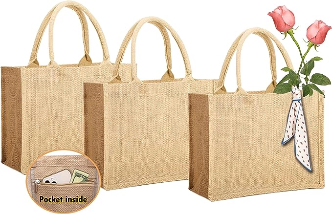 Photo 1 of 3 pcs Large Jute Burlap Tote Bags with Pocket inside, Blank Canvas Burlap Bags, Women Grocery Shopping Bags, Beach Bags, Bridesmaid Gift Jute Bags,Reusable, Washable, Water Proof Travel Jute Bags
