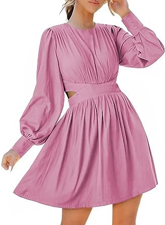 Photo 1 of Acelitt Womens Lantern Long Sleeve Crewneck Crossover Waist Dresses Ruffle Mini Dress,  SIZE L 