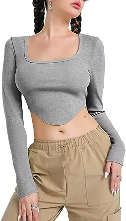 Photo 1 of Allytok Womens Long Sleeve Square Neck Crop Tops Slim Fitted Ribbed Tees Y2K Shirt SIZE L