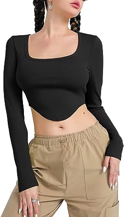 Photo 1 of Allytok Womens Long Sleeve Square Neck Crop Tops Slim Fitted Ribbed Tees Y2K Shirt