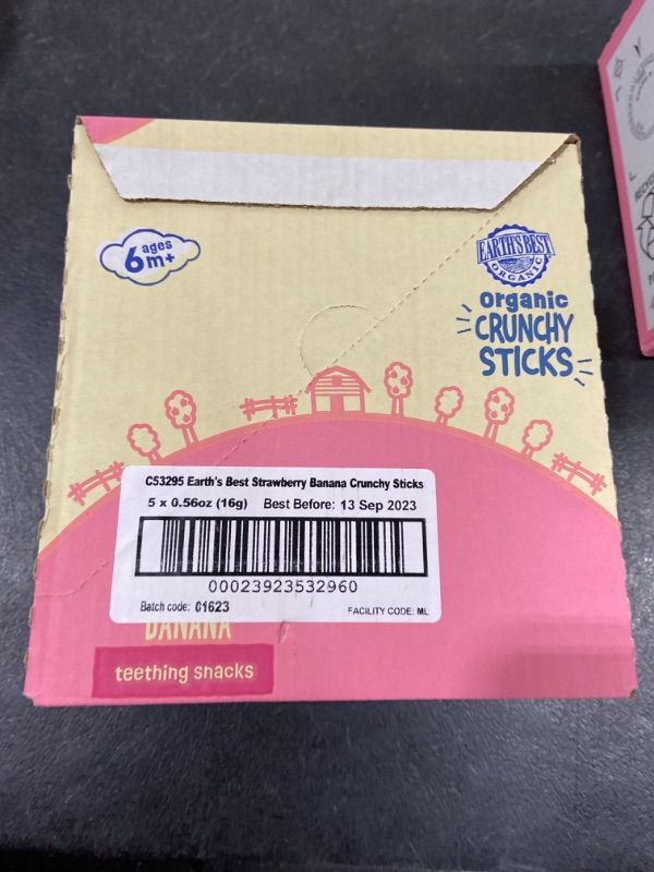 Photo 1 of Earth's Best Baby Snack Organic Strawberry Banana Crunchy Sticks, 0.56 Oz Bag 5 PCK BB 13 SEP 2023