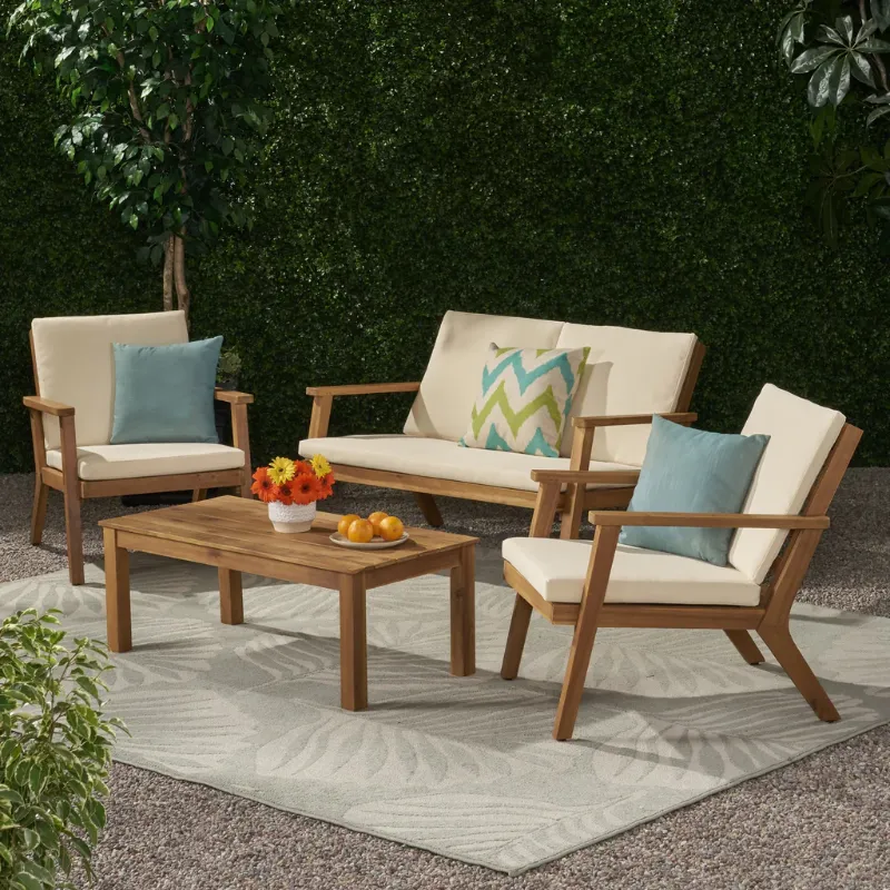 Photo 1 of **2 Side Chairs Only**
Outdoor Acacia Wood  2 Side Chair Set With Cushions Brown Patina + Cream Cushion 