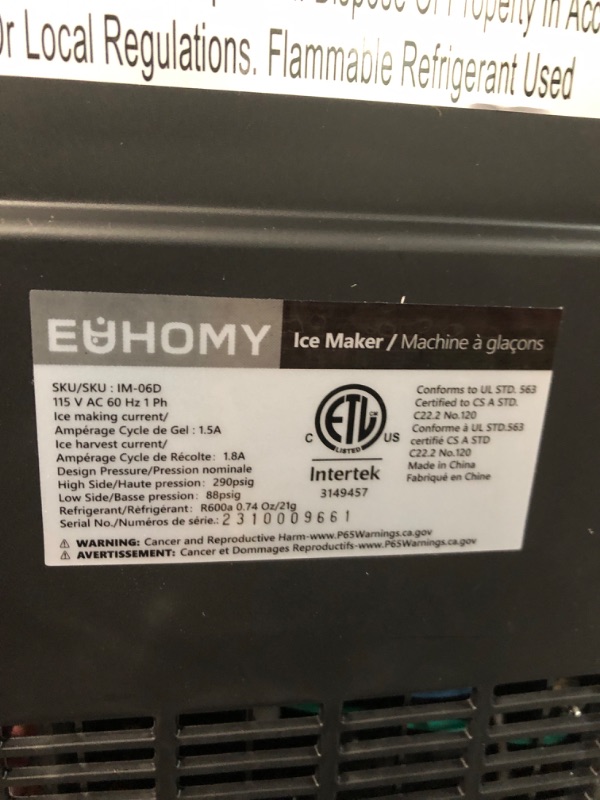 Photo 7 of * important * see clerk notes * 
EUHOMY Countertop Ice Maker Machine with Handle, 25.5lbs in 24Hrs, 9 Ice Cubes Ready in 6 Mins, Auto-Cleaning black 