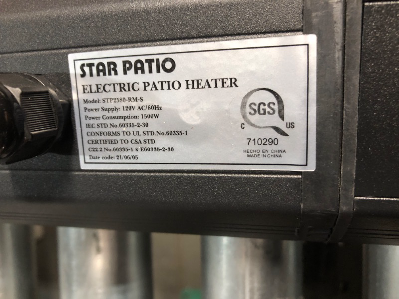 Photo 5 of ***USED - POWERS ON - UNABLE TO TEST FURTHER***
Star Patio Electric Patio Heater, Outdoor Wall Mounted Heater, Infrared Heater with Remote, Instant Heating1500W