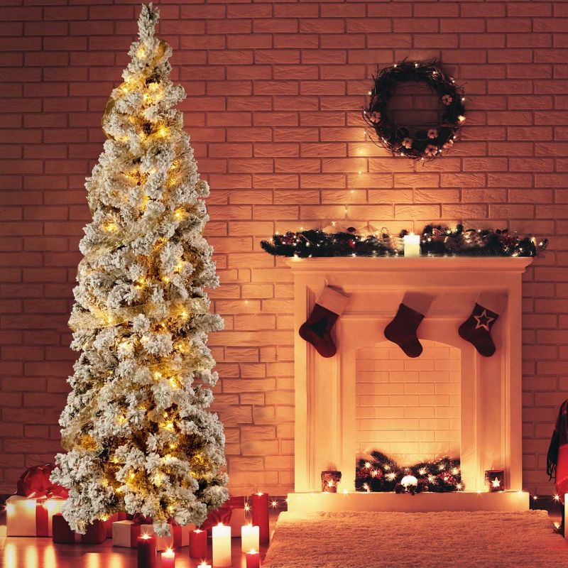 Photo 1 of 7.5 Ft Pre Lit Flocked Pencil Christmas Tree Artificial Tall Slim Christmas Tree Skinny Xmas Tree with 366 Led Lights