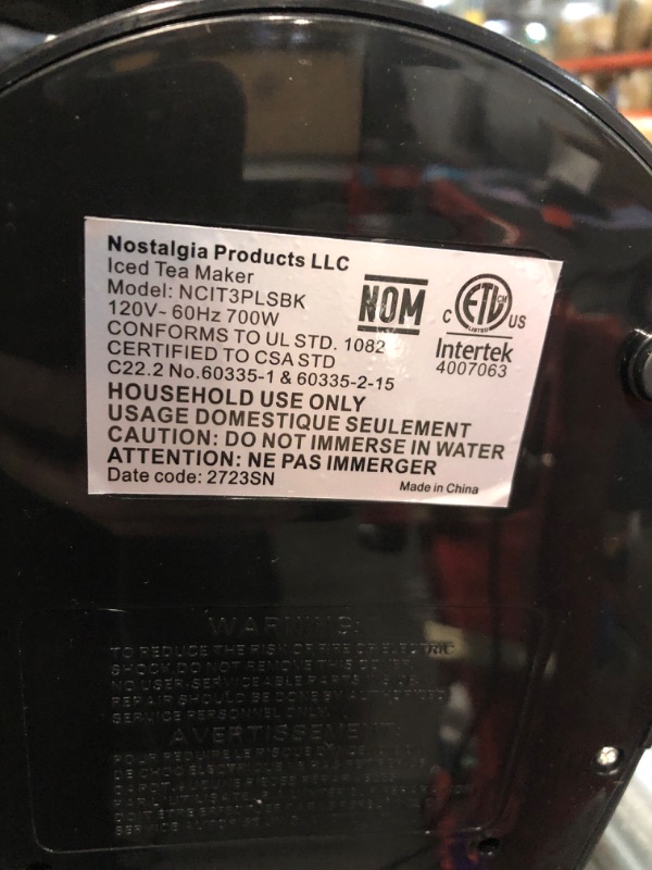 Photo 4 of ***PITCHER NOT INCLDUED - BREWING SYSTEM - POWERS ON - UNABLE TO TEST FURTHER***
Nostalgia 3-Quart Iced Tea & Coffee Brewing System With Double-Insulated Pitcher, Strength Selector & Infuser Black