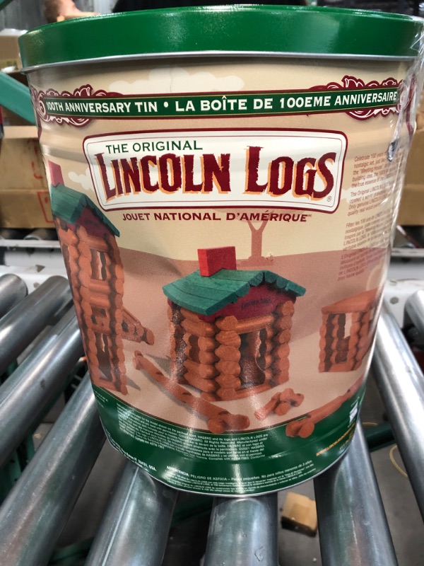 Photo 3 of ***USED - MAJOR DAMAGE - TIN DENTED***
Lincoln Logs –100th Anniversary Tin-111 Pieces-Real Wood Logs-Ages 3+