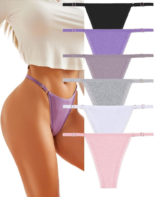 Photo 1 of CUTE BYTE Adjustable G String Thongs for Women Sexy Underwear T-back Cotton Panties with Lace Trim 12 Pack XL