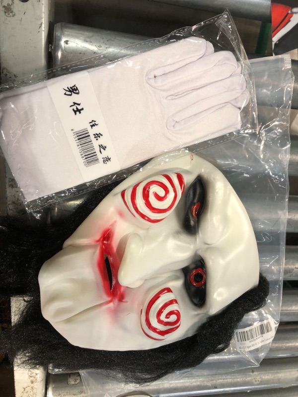 Photo 4 of 5th LILY Jigsaw Billy Mask The Scary Puppet Clown Mask Adjustable Red Bow Tie & White Gloves Halloween Mask Adult