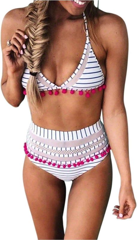 Photo 1 of Dokotoo Womens High Waist Two Pieces Bikini Set Striped Tassel Swimsuit XL