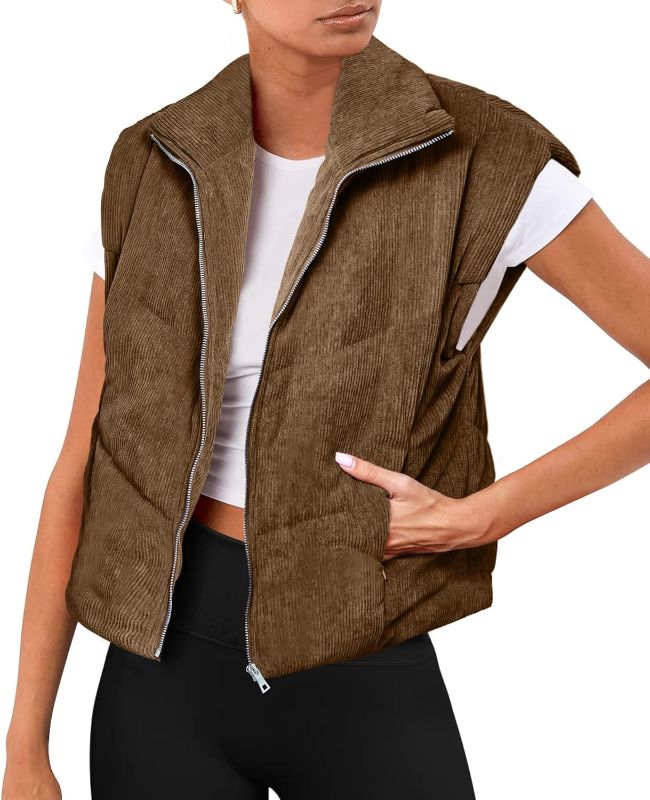 Photo 1 of Fazortev Womens Corduroy Puffer Vest Sleeveless Stand Collar Zip Up Jacket Padded Gilet Outerwear Small