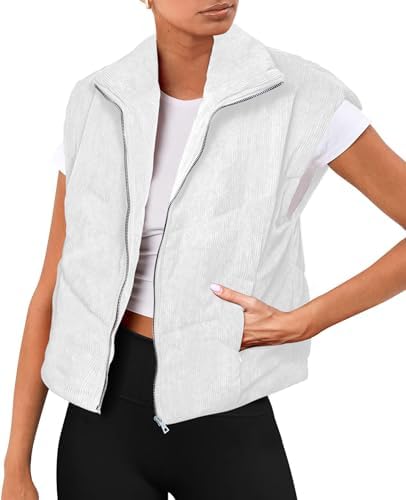 Photo 1 of Fazortev Womens Corduroy Puffer Vest Sleeveless Stand Collar Zip Up Jacket Padded Gilet Outerwear Small White