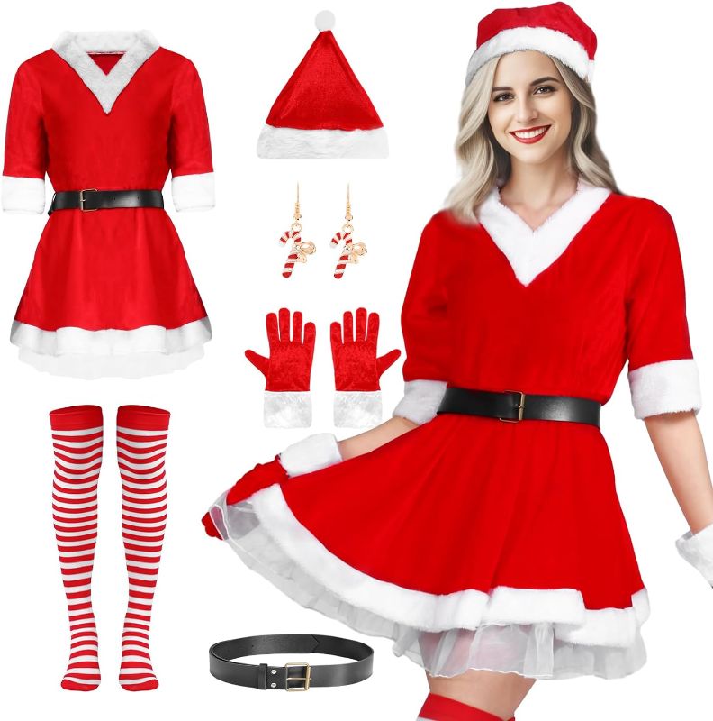 Photo 1 of Alaiyaky Mrs Claus Costume for Women Christmas Velvet Santa Claus Dress Outfit Adult V-Neck Christmas Medium