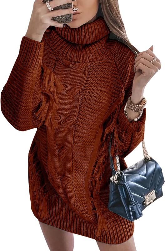 Photo 1 of BTFBM Women Fashion Sweater Short Dress Long Sleeve Turtleneck Oversized Fall Winter Soft Chunky Knit Large