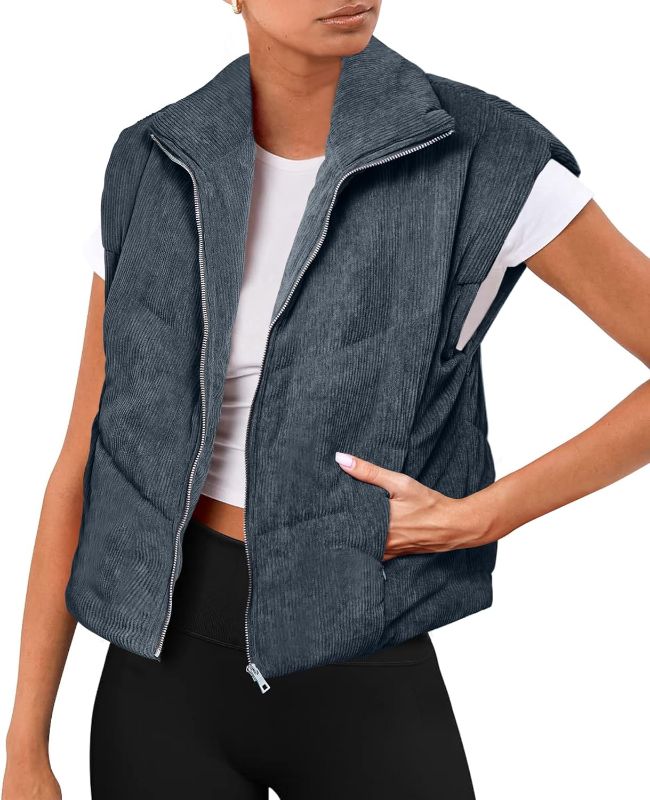 Photo 1 of Fazortev Womens Corduroy Puffer Vest Sleeveless Stand Collar Zip Up Jacket Padded Gilet Outerwear Large Grey