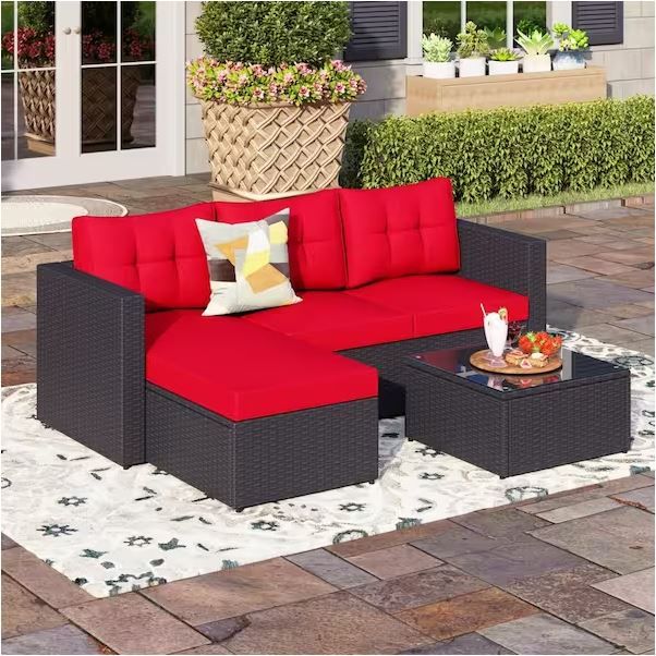 Photo 1 of **PARTS ONLY** Black Rattan Wicker 3 Seat 3-Piece Steel Outdoor Patio Sectional Set with Red Cushions and Coffee Table