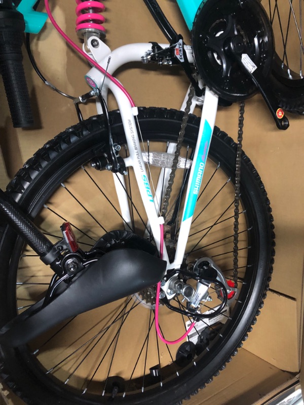Photo 1 of **BROKEN HANDLE BARS**NO BOX 
Dynacraft Vertical Dual Suspension Mountain Bike Girls 24 Inch Wheels with 18 Speed Grip Shiter and Dual Hand Brakes 