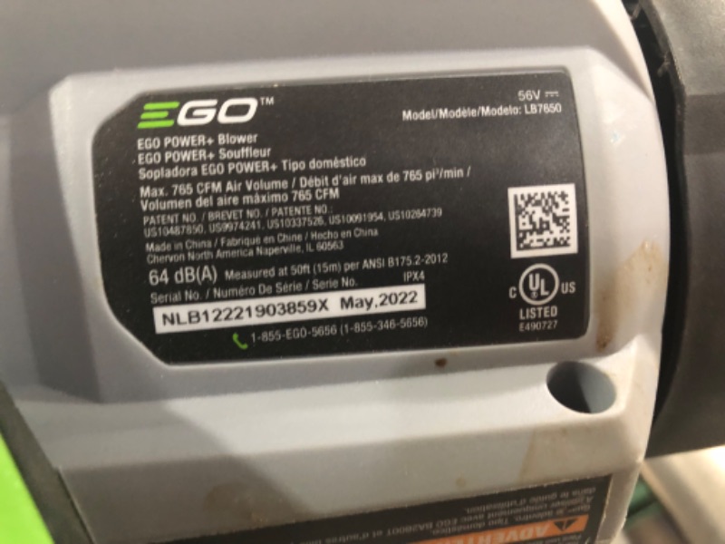 Photo 5 of ***USED - DIRTY - CHARGER WORKS - UNABLE TO TEST FURTHER***
EGO POWER+ 56-volt 765-CFM 200-MPH Battery Handheld Leaf Blower 5 Ah (Battery and Charger Included)