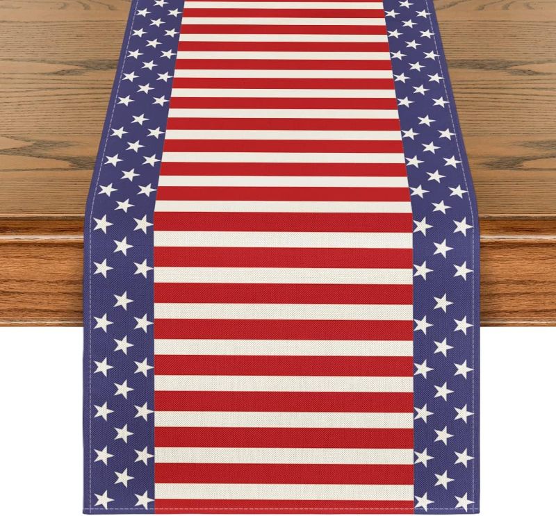 Photo 1 of  NON REFUNDABLE BUNDLE OF 2, Artoid Mode Watercolor Strips and Stars Table Runner, 4th of July Patriotic Memorial Day Independence Day Holiday Kitchen Dining Table Runners for Home Party Decor 13 x 90 Inch

