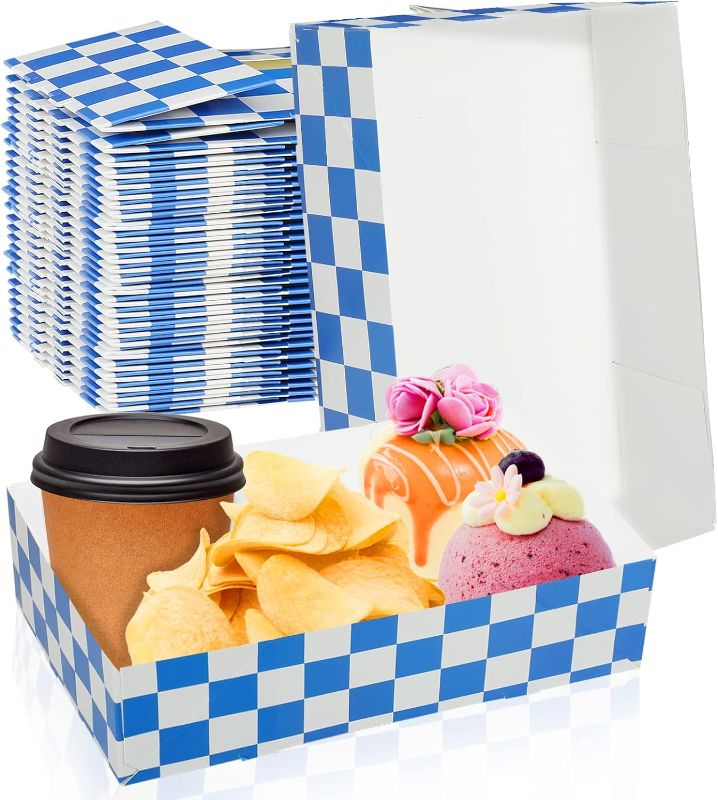 Photo 1 of 100 Pieces Oktoberfest Party Supplies  Paper Food Tray Set 4 Corner Pop up Cardboard Food Box Disposable Foldable Cardboard Tray Theater Stadium Blue White Plaid Paper Box