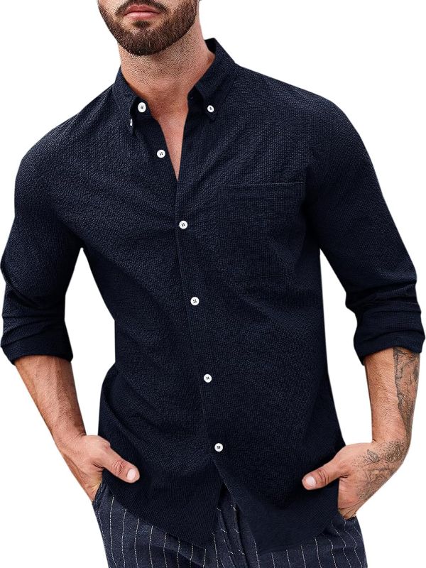 Photo 1 of Makkrom Mens Long Sleeve Button Down Shirts Casual Textured Regular Fit Summer Beach Tops Medium Khaki