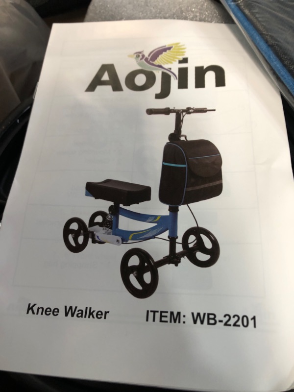 Photo 3 of Aojin Steerable Knee Walker Deluxe Medical Scooter for Foot Injuries Compact Crutches, (Blue Plus) Blue/Black