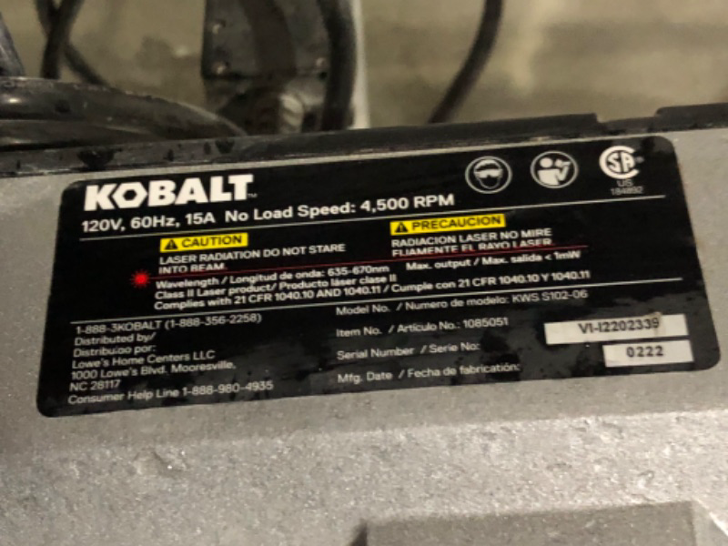 Photo 7 of ***NOT FUNCTIONAL - FOR PARTS ONLY - NONREFUNDABLE - SEE COMMENTS***
Kobalt 15-Amp 10-in-Blade Corded Wet Sliding Table Tile Saw with Stand, KWS S102-06