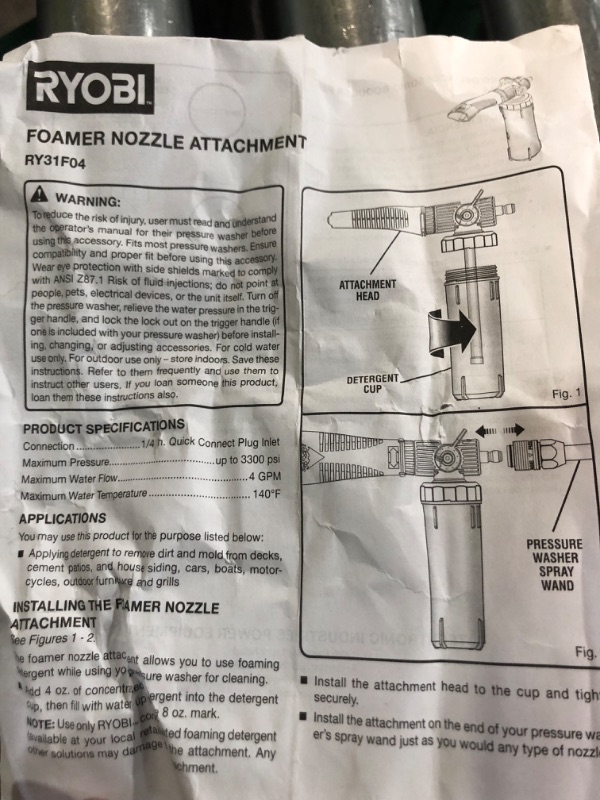 Photo 5 of **PARTS ONLY** Ryobi RY31F04 Pressure Washer Foam Blaster