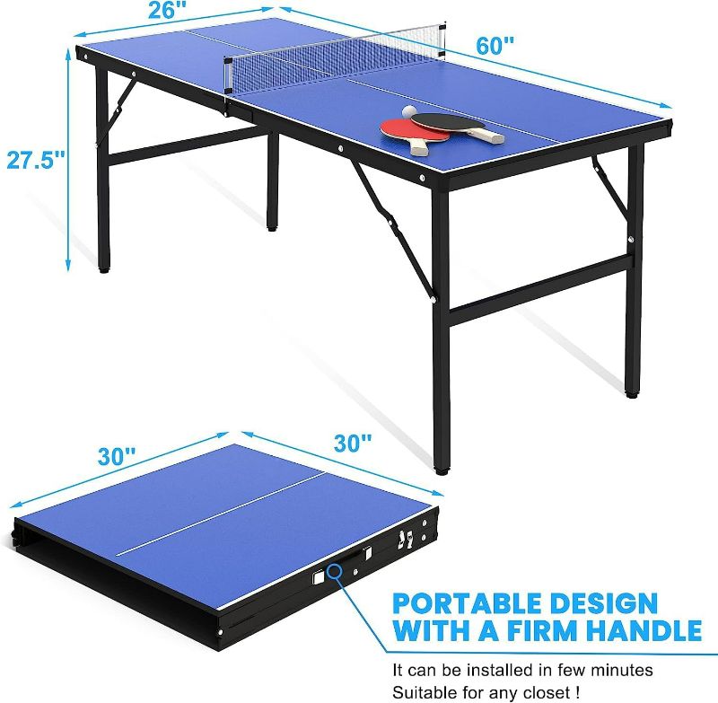Photo 4 of (READ FULL POST) GAOMON Portable Table Tennis Table, Mid-Size Foldable Ping Pong Table with Net, Blue, 60 x 26 x 27.5inch