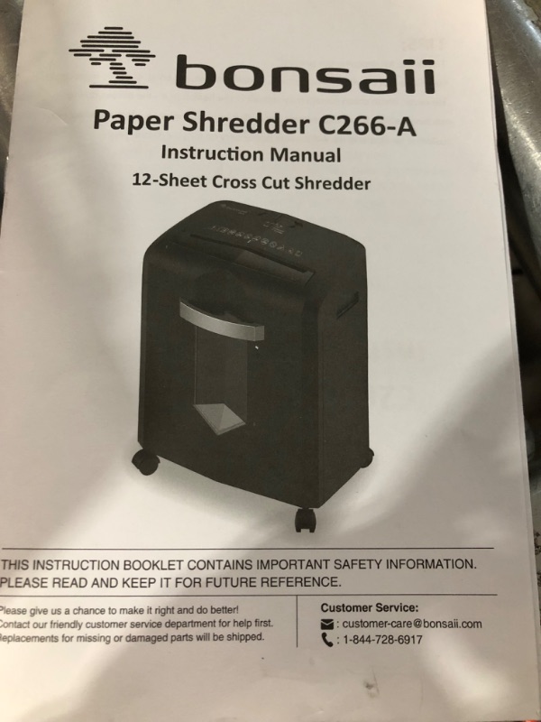 Photo 4 of **PARTS ONLY**
Bonsaii Paper Shredder, 12-Sheet Cross-Cut Shredder for Home Office Use, 30-Minutes Heavy Duty Shredder 4.2 Gal 