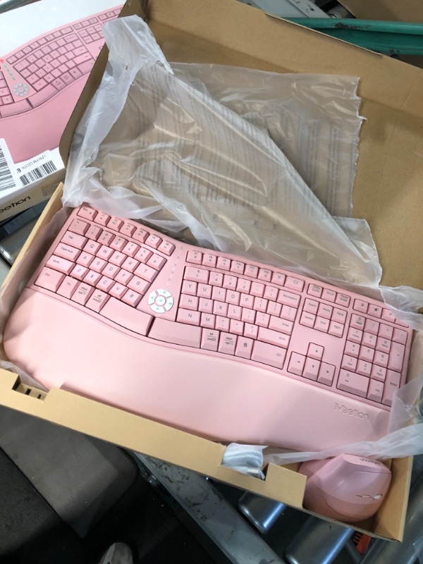 Photo 4 of MEETION Ergonomic Wireless Keyboard and Mouse, Ergo Keyboard with Vertical Mouse, Split Keyboard with Cushioned Wrist Palm Rest Natural Typing Rechargeable Full Size, Windows/Mac/Computer/Laptop, Pink Large PinkX003UXXLSN
