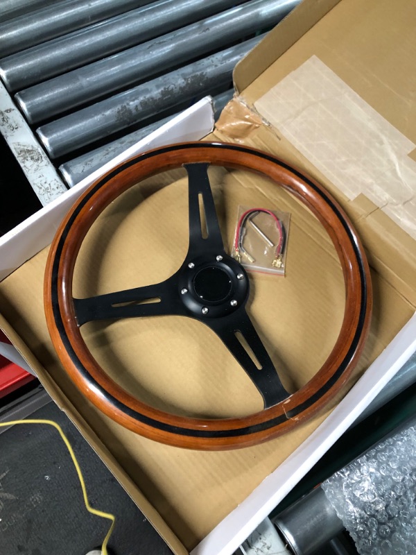 Photo 2 of (READ NOTES) YEHICY 15" Classic Wood Grain Steering Wheel Black Spoke 380mm Classic Nostalgia Car Wood Steering Wheel with Horn Button wooden-04