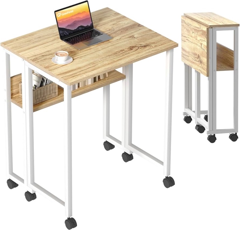 Photo 1 of GreenForest Folding Desk Small Rolling Desk with Storage Shelf, 31.5 inch Foldable Computer Desk with Wheels for Small Space, Easy Assembly, Oak