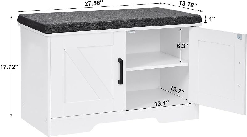 Photo 5 of (READ FULL POST) HOMSHO 2-Tier Storage Bench,Shoe Bench with Padded Seat Cushion, Entryway Bench with 2 Barn Doors,Adjustable Shelf, 27.6" L x 13.8" W x 17.7" H, for Entryway, Living Room, Bedroom, white