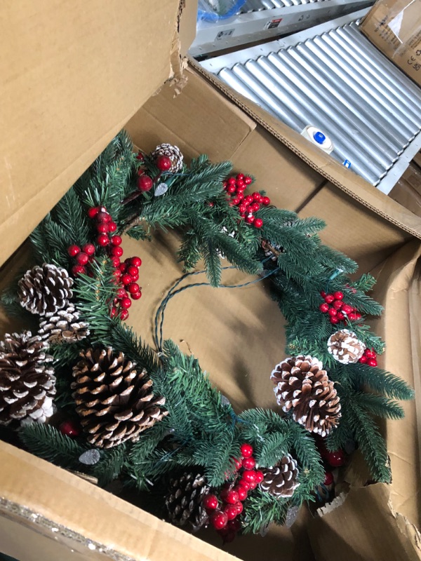 Photo 2 of  Battery-Operated Pre-Lit Christmas Wreath with Pine Cones, Needles, Branches, Berries, Bow - For Front Door, Wall, Window Green Branches Red Bow