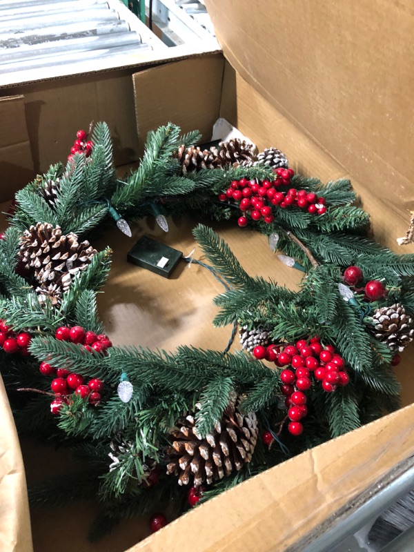 Photo 3 of  Battery-Operated Pre-Lit Christmas Wreath with Pine Cones, Needles, Branches, Berries, Bow - For Front Door, Wall, Window Green Branches Red Bow
