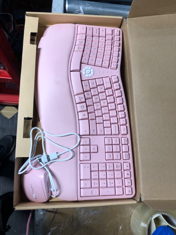 Photo 5 of MEETION Ergonomic Wireless Keyboard and Mouse, Ergo Keyboard with Vertical Mouse, Split Keyboard with Cushioned Wrist Palm Rest Natural Typing Rechargeable Full Size, Windows/Mac/Computer/Laptop, Pink Large Pink