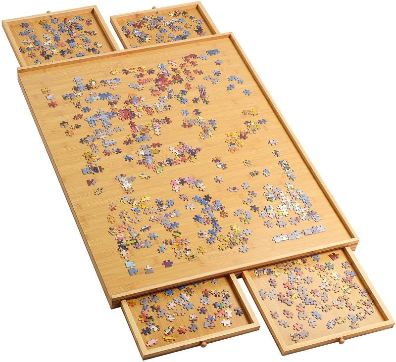 Photo 1 of (READ FULL POST) Jigsaw Puzzle Board Table for Adults - 1500 Pieces Bamboo Puzzle Board with 4 Drawers, Jigsaw Puzzle Table Accessories for Puzzle Storage, 26"×34" Portable Puzzle Tray
