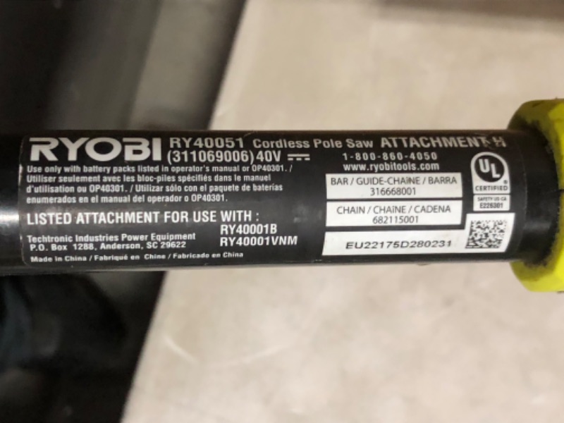 Photo 4 of ***HEAVILY USED - UNTESTED - SEE COMMENTS***
Ryobi 10 in. 40-Volt Lithium-Ion Cordless Battery Pole Saw (Tool-Only)