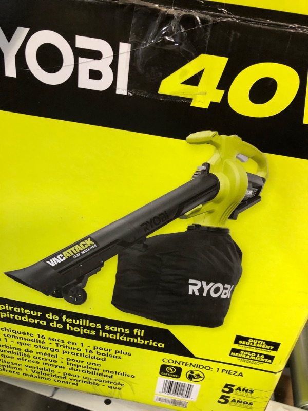 Photo 4 of ***USED - DIRTY - MISSING BATTERY AND CHARGER - UNABLE TO TEST***
RYOBI 40-Volt Lithium-Ion Cordless Battery Leaf Vacuum/Mulcher (Tool Only)