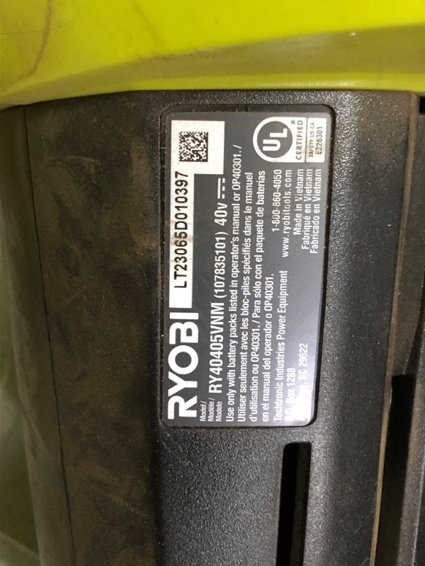 Photo 7 of ***USED - DIRTY - MISSING BATTERY AND CHARGER - UNABLE TO TEST***
RYOBI 40-Volt Lithium-Ion Cordless Battery Leaf Vacuum/Mulcher (Tool Only)