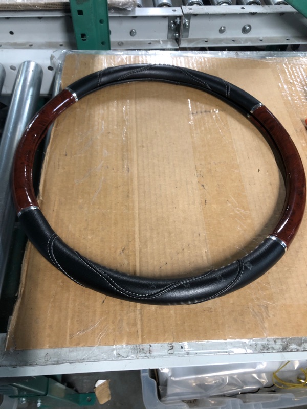 Photo 2 of BDK Black/Dark Wood Grain Soft Leather Grip Big Rig Steering Wheel Cover 18" Inch 